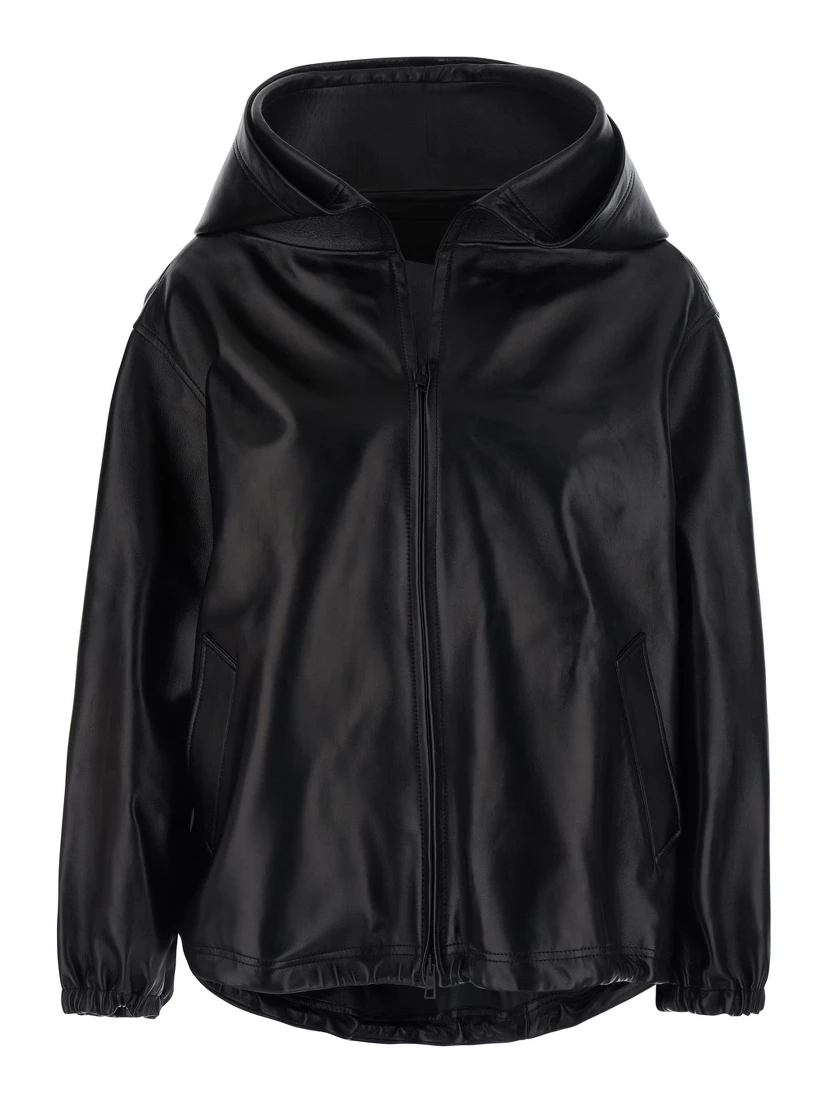 Black Jacket with hood and Dropped shoulders in leather for women