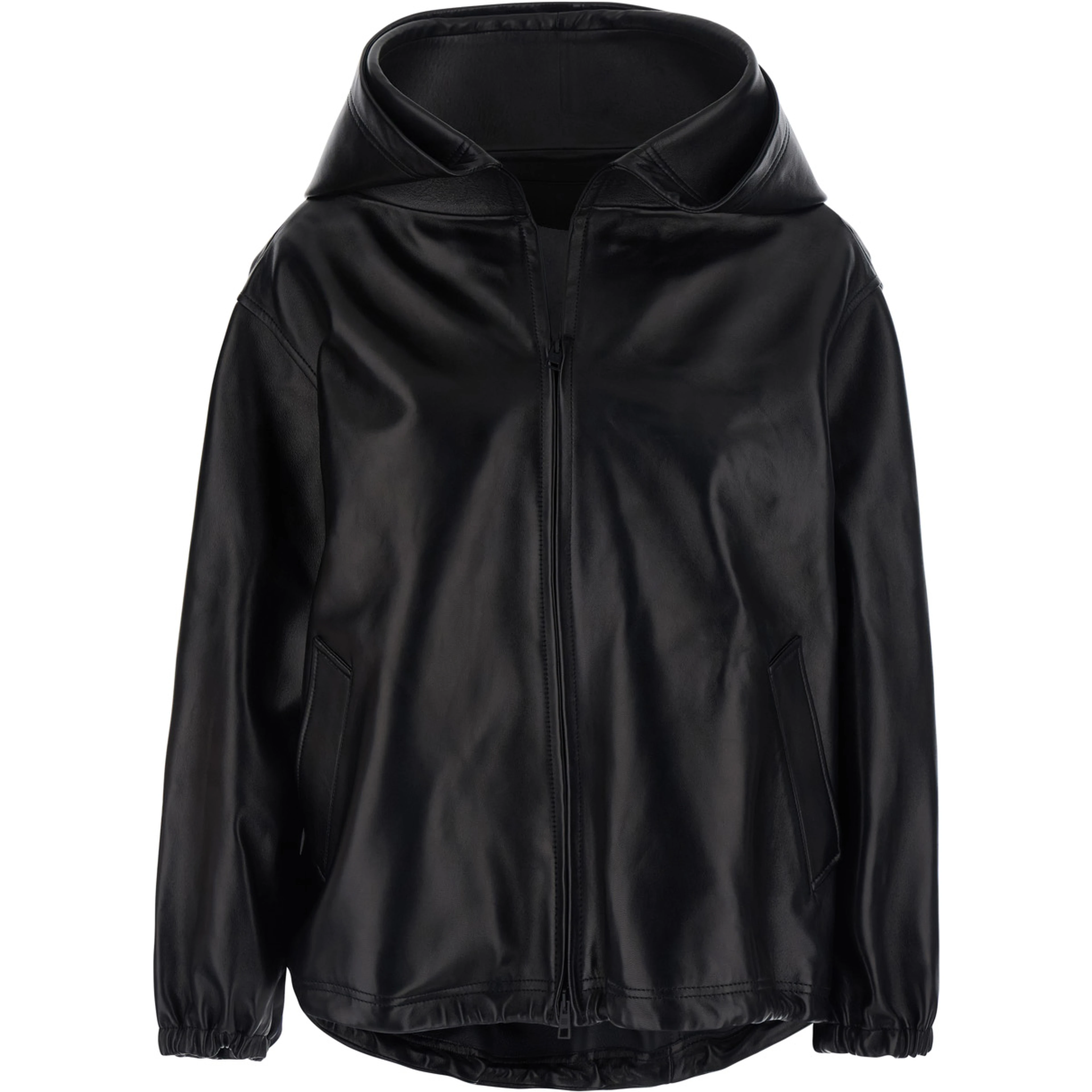 Black Jacket with hood and Dropped shoulders in leather for women