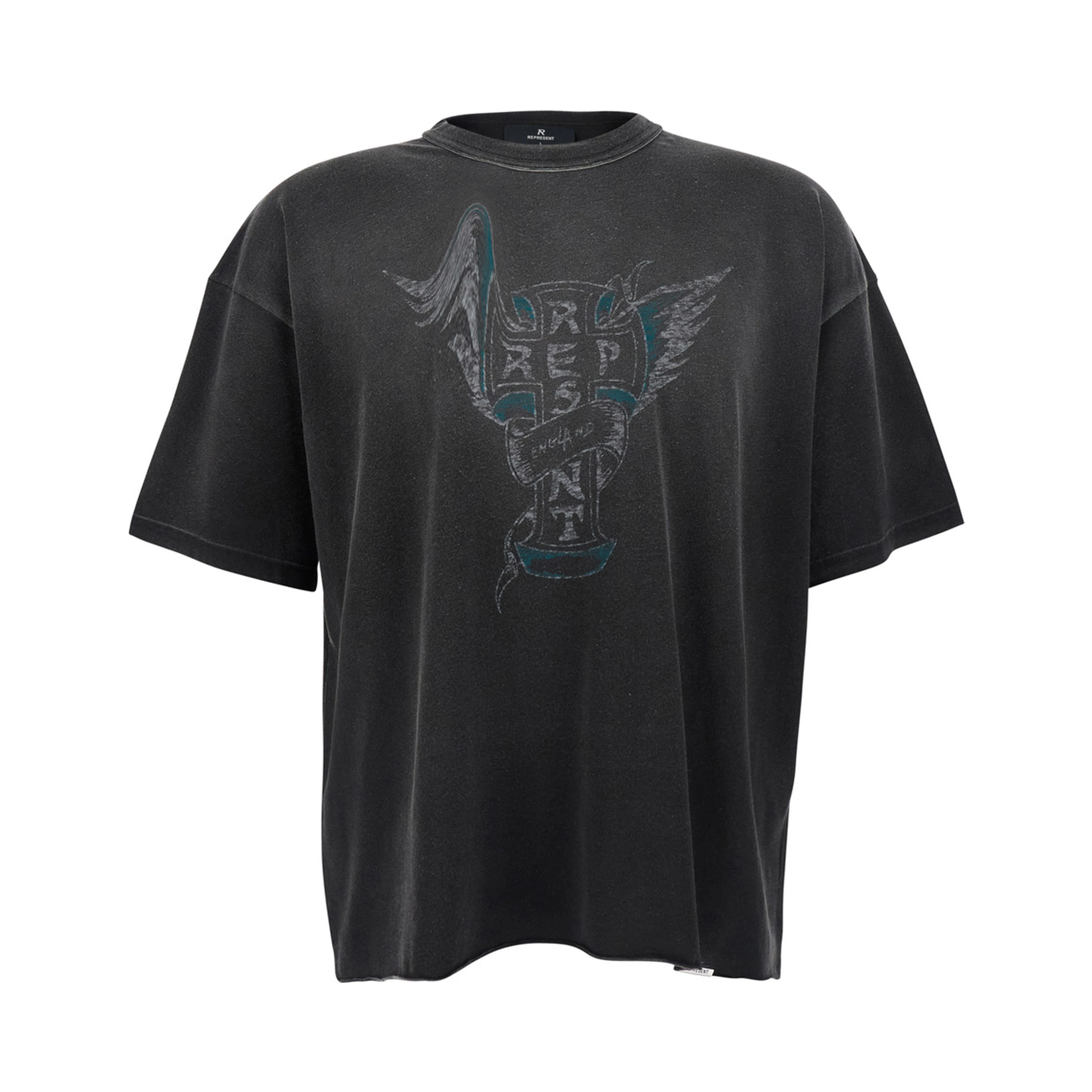 Black T-Shirt with Front Print and Faded Design in Cotton for Men