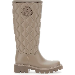 Beige Knee-High Rain Boots with logo patch on the side and quilted design in plastic for women
