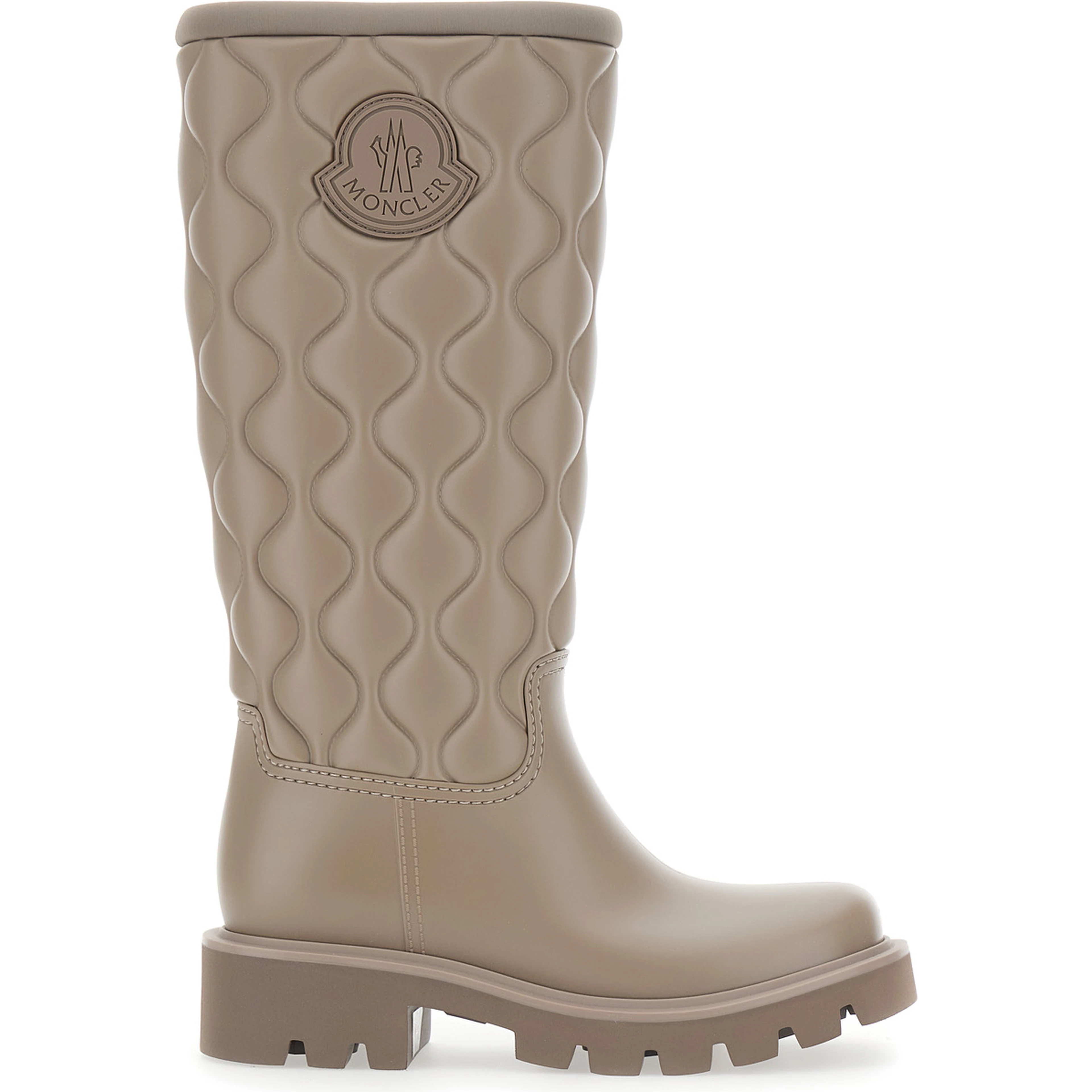 Beige Knee-High Rain Boots with logo patch on the side and quilted design in plastic for women