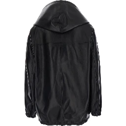 Black Jacket with hood and Dropped shoulders in leather for women