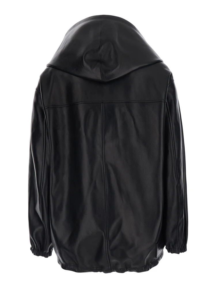 Black Jacket with hood and Dropped shoulders in leather for women alternative