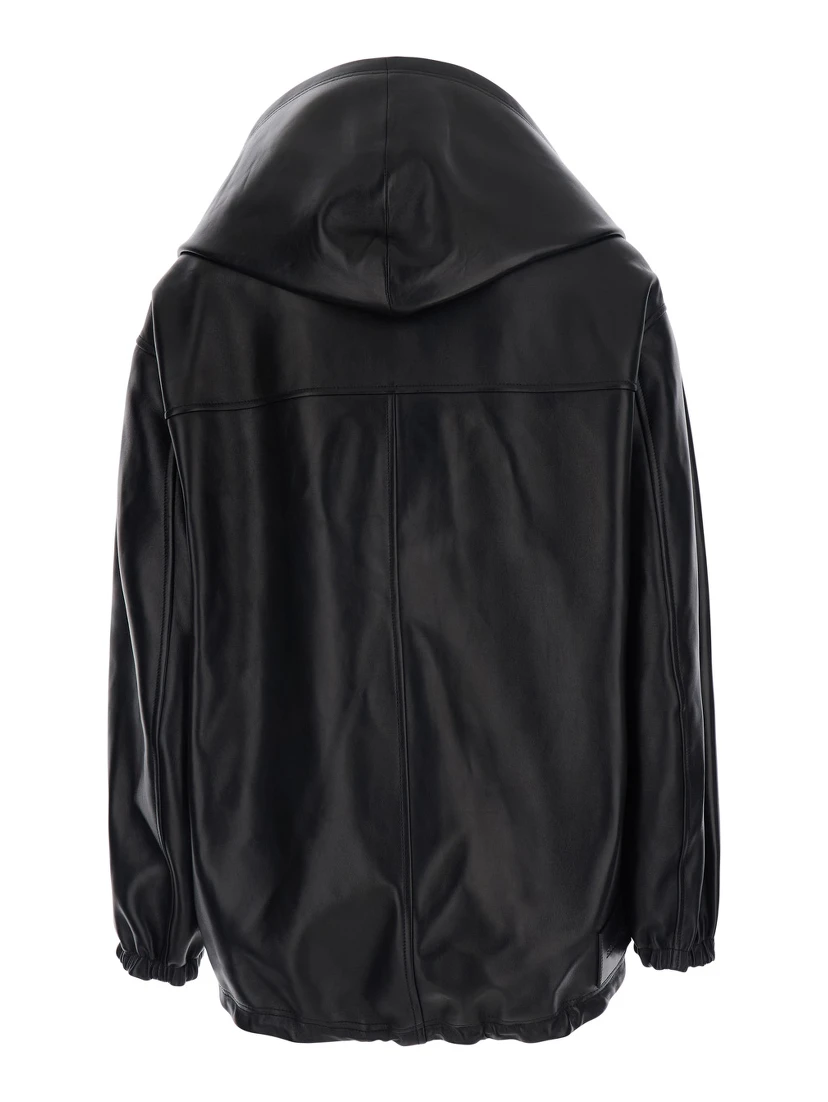 Black Jacket with hood and Dropped shoulders in leather for women