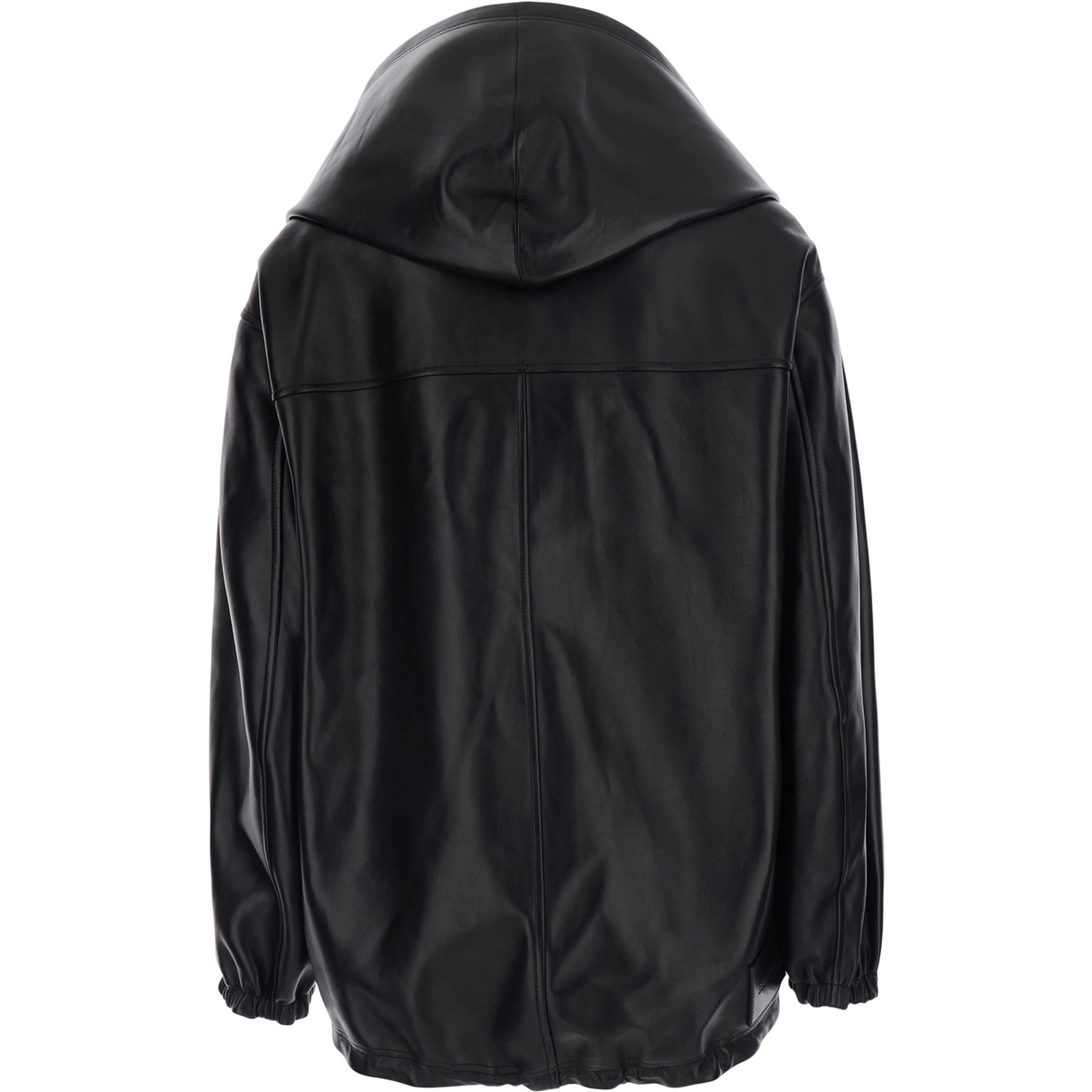 Black Jacket with hood and Dropped shoulders in leather for women