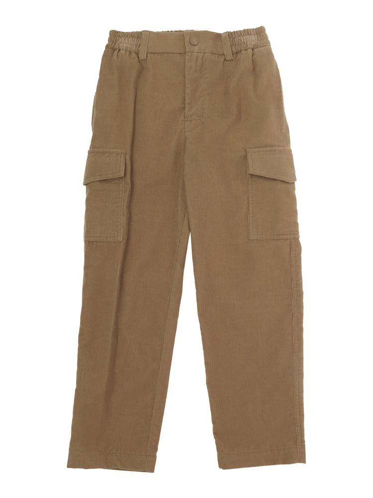 Brown Pants with Elastic Waist and Logo Patch on the Back in Corduroy for Boy