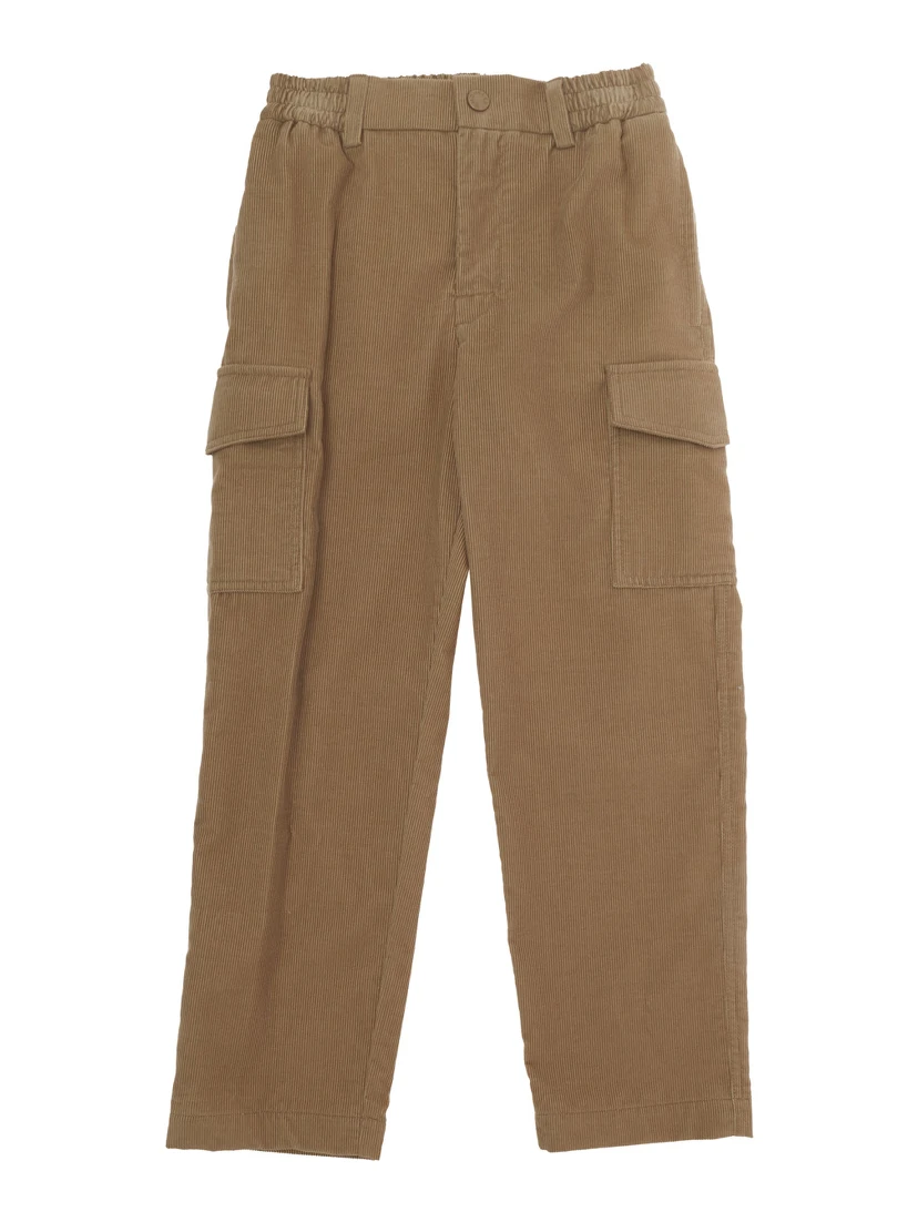 Brown Pants with Elastic Waist and Logo Patch on the Back in Corduroy for Boy