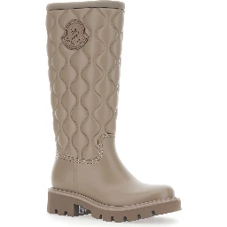 Beige Knee-High Rain Boots with logo patch on the side and quilted design in plastic for women