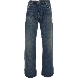 blue Five-pocket jeans with logo patch on the back in denim for men