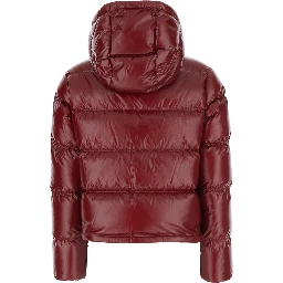 Niveole Red Down jacket with removable hood with buttons and logo patch on the sleeve in Tech Fabric for women