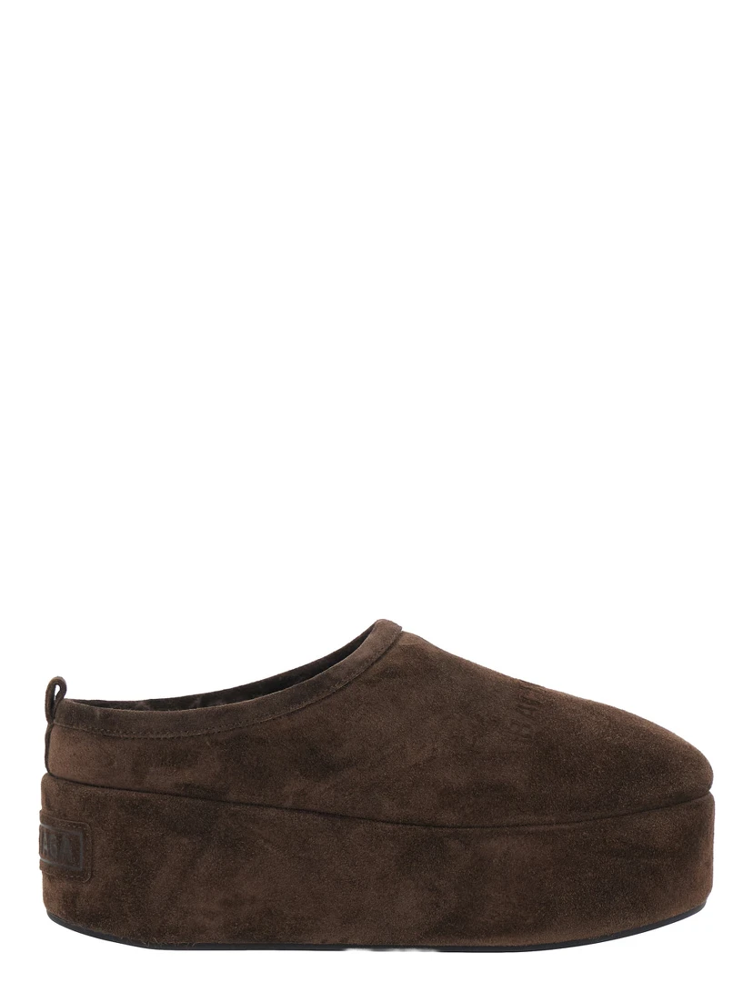 Alaska Brown Mule with High Platform and Logo Lettering on the Front in Suede for Women