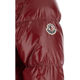 Niveole Red Down jacket with removable hood with buttons and logo patch on the sleeve in Tech Fabric for women