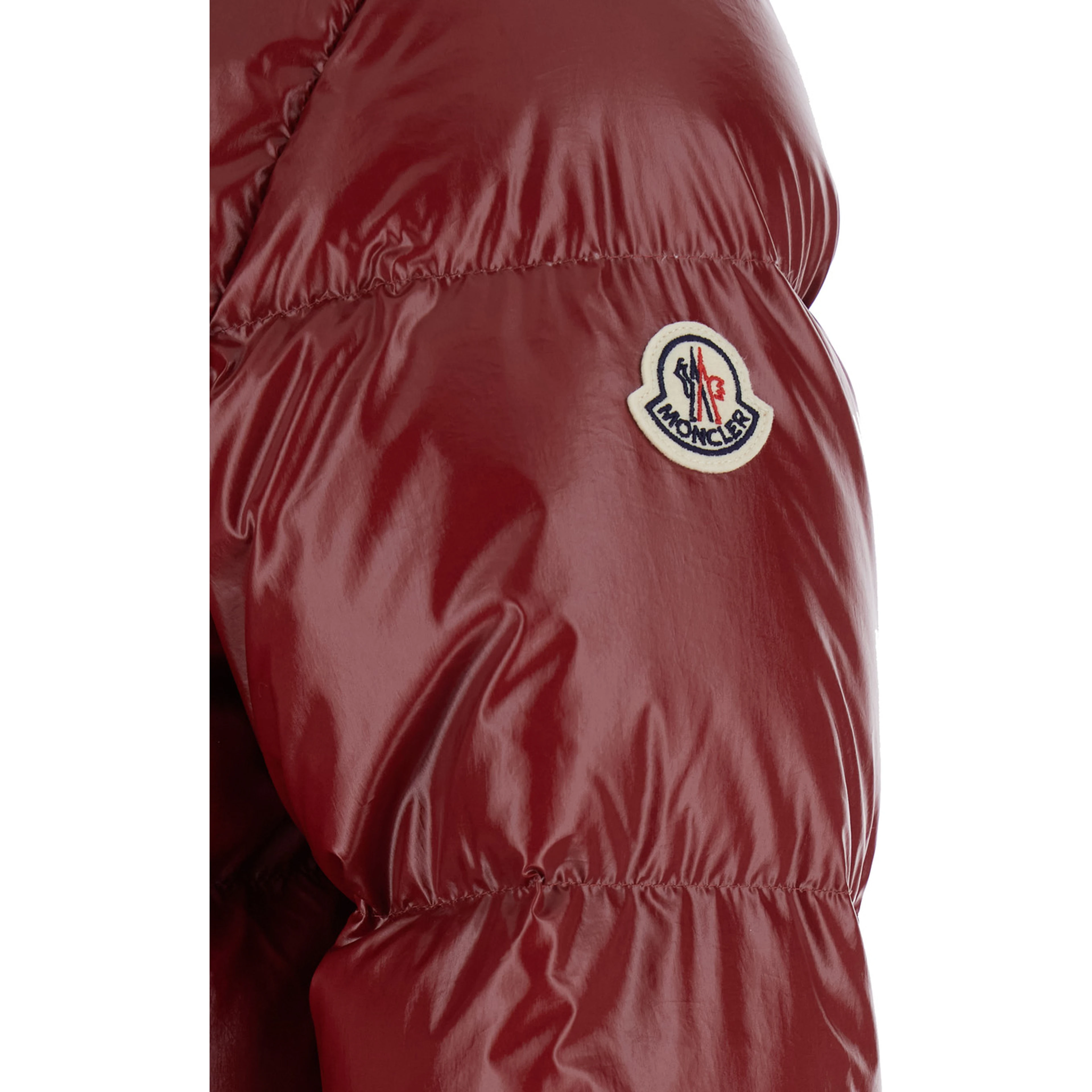 Niveole Red Down jacket with removable hood with buttons and logo patch on the sleeve in Tech Fabric for women