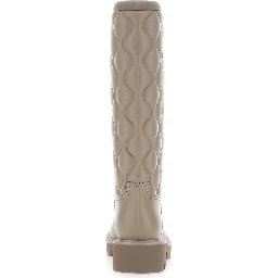 Beige Knee-High Rain Boots with logo patch on the side and quilted design in plastic for women