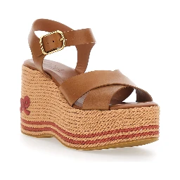 brown Wedges with embroidered logo on the heel in leather for women