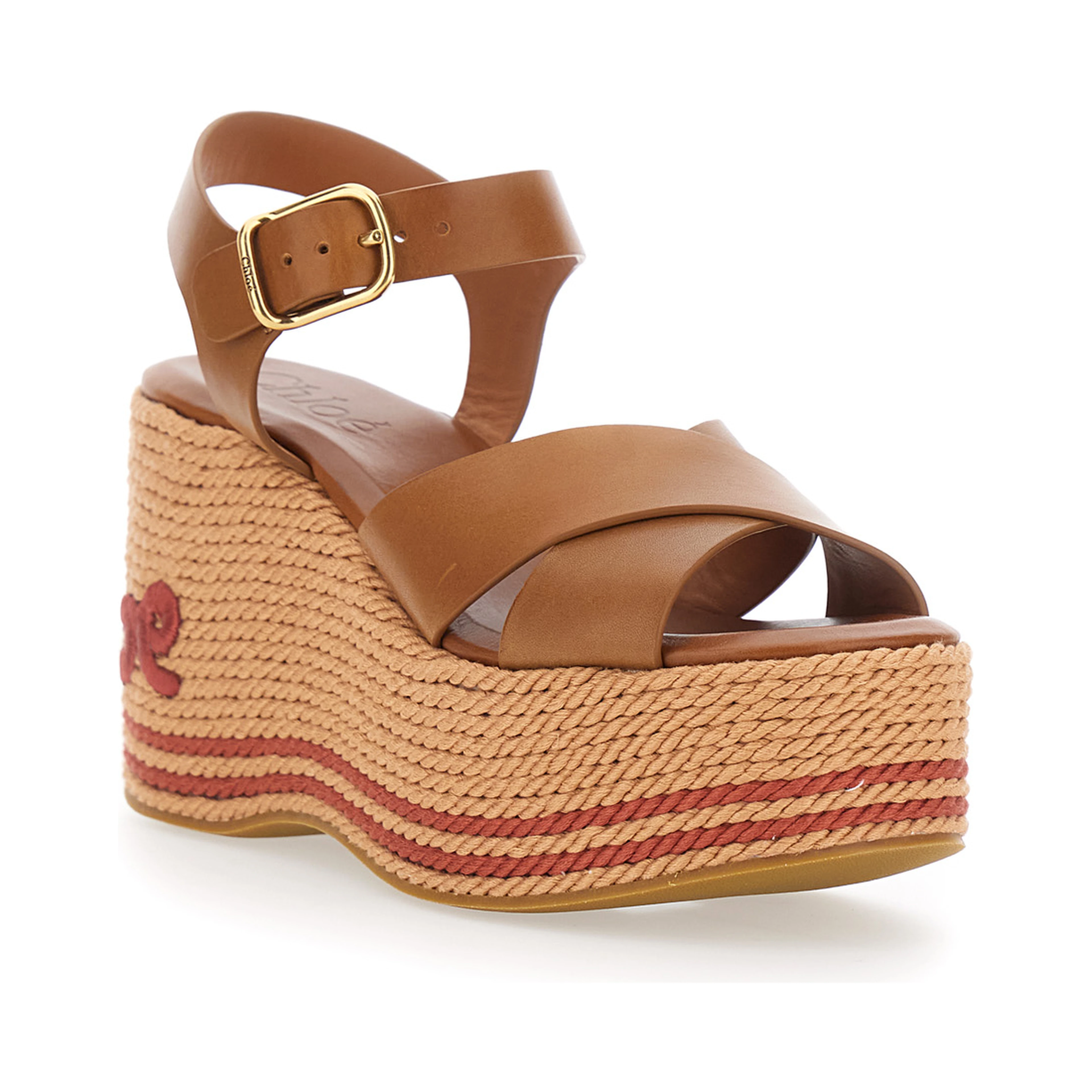 brown Wedges with embroidered logo on the heel in leather for women