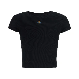 black T-SHIRT with embroidered logo on the front in viscose for women