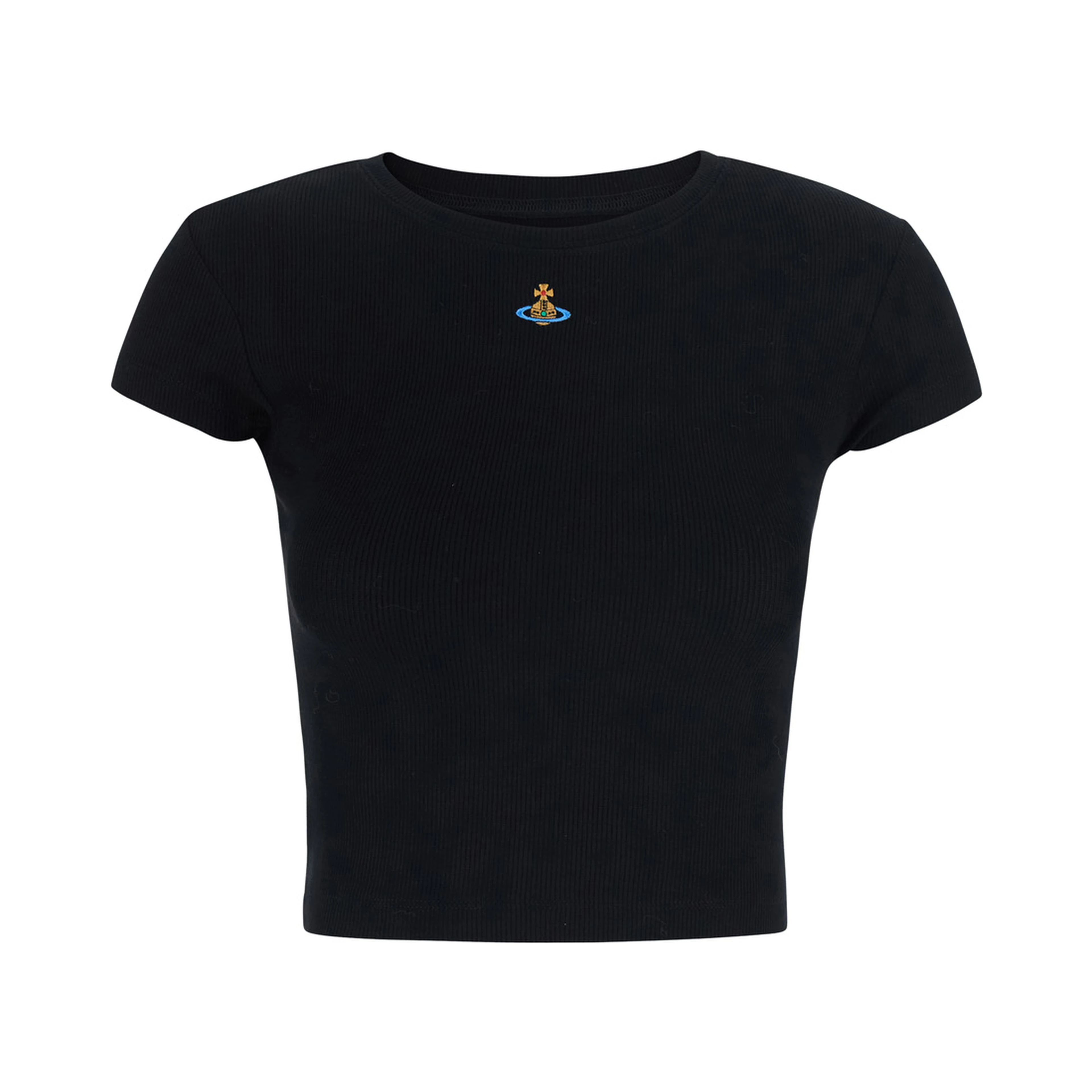 black T-SHIRT with embroidered logo on the front in viscose for women