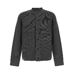 Grey Cardigan with ribbed design and logo patch in wool and cotton for men