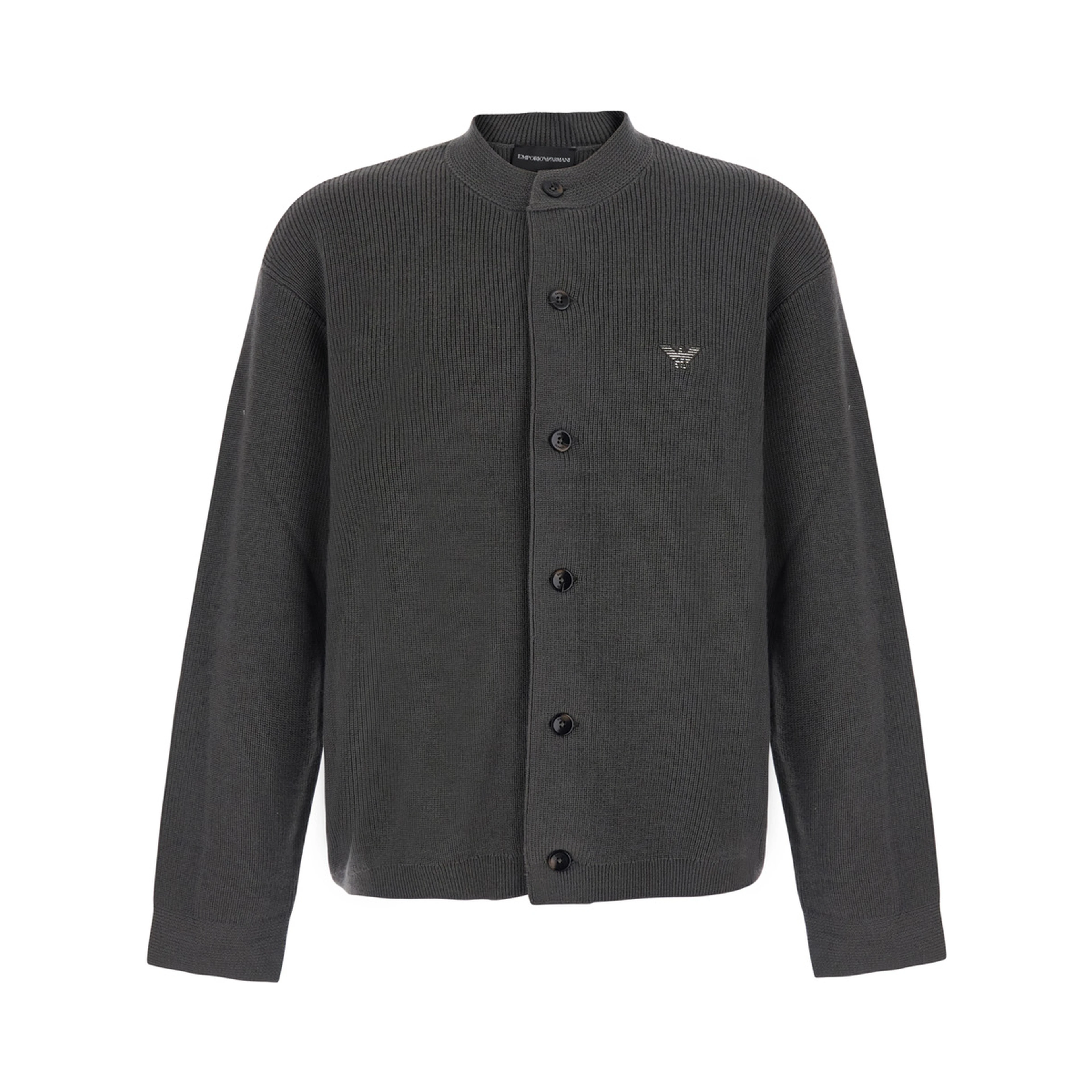 Grey Cardigan with ribbed design and logo patch in wool and cotton for men