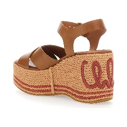 brown Wedges with embroidered logo on the heel in leather for women