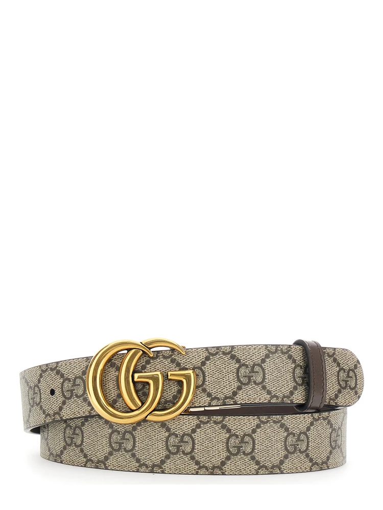 Reversible Belt with Double G Logo Buckle in GG Supreme Canvas Brown Woman