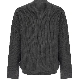 Grey Cardigan with ribbed design and logo patch in wool and cotton for men