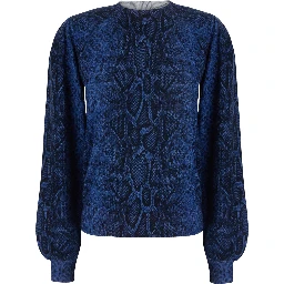 Blue Crew-neck sweater with knit workmanship and contrasting details in wool for women