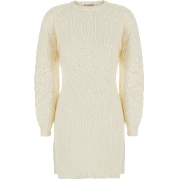 White Crew Neck Dress with Long Sleeves in Wool Blend for Women