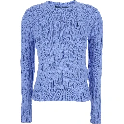 Crewneck Sweater with Pony Embroidery on the Front and Cable Knit in Light Blue for Women