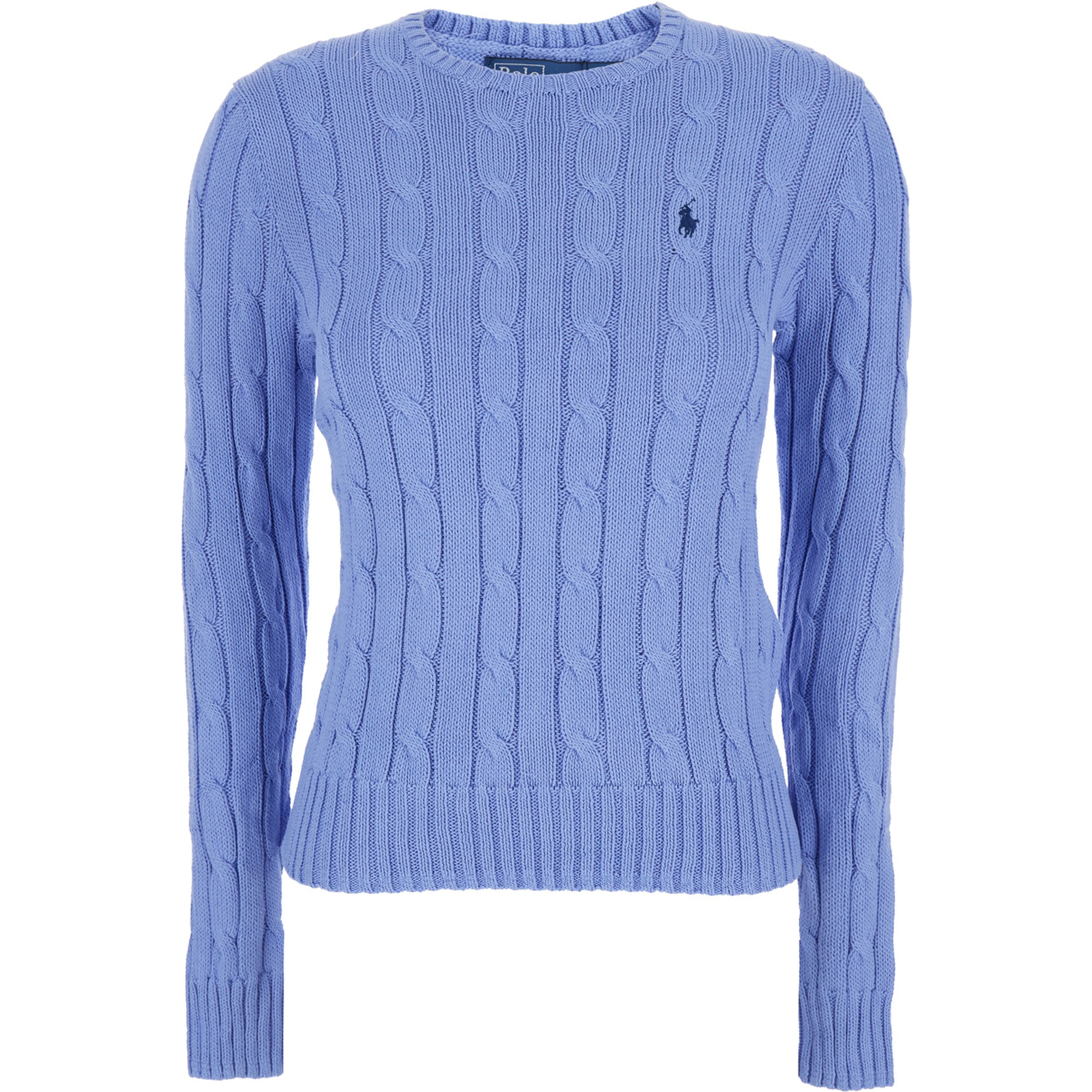 Crewneck Sweater with Pony Embroidery on the Front and Cable Knit in Light Blue for Women