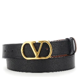 Reversible Belt with VLogo Buckle in Black Leather for Women