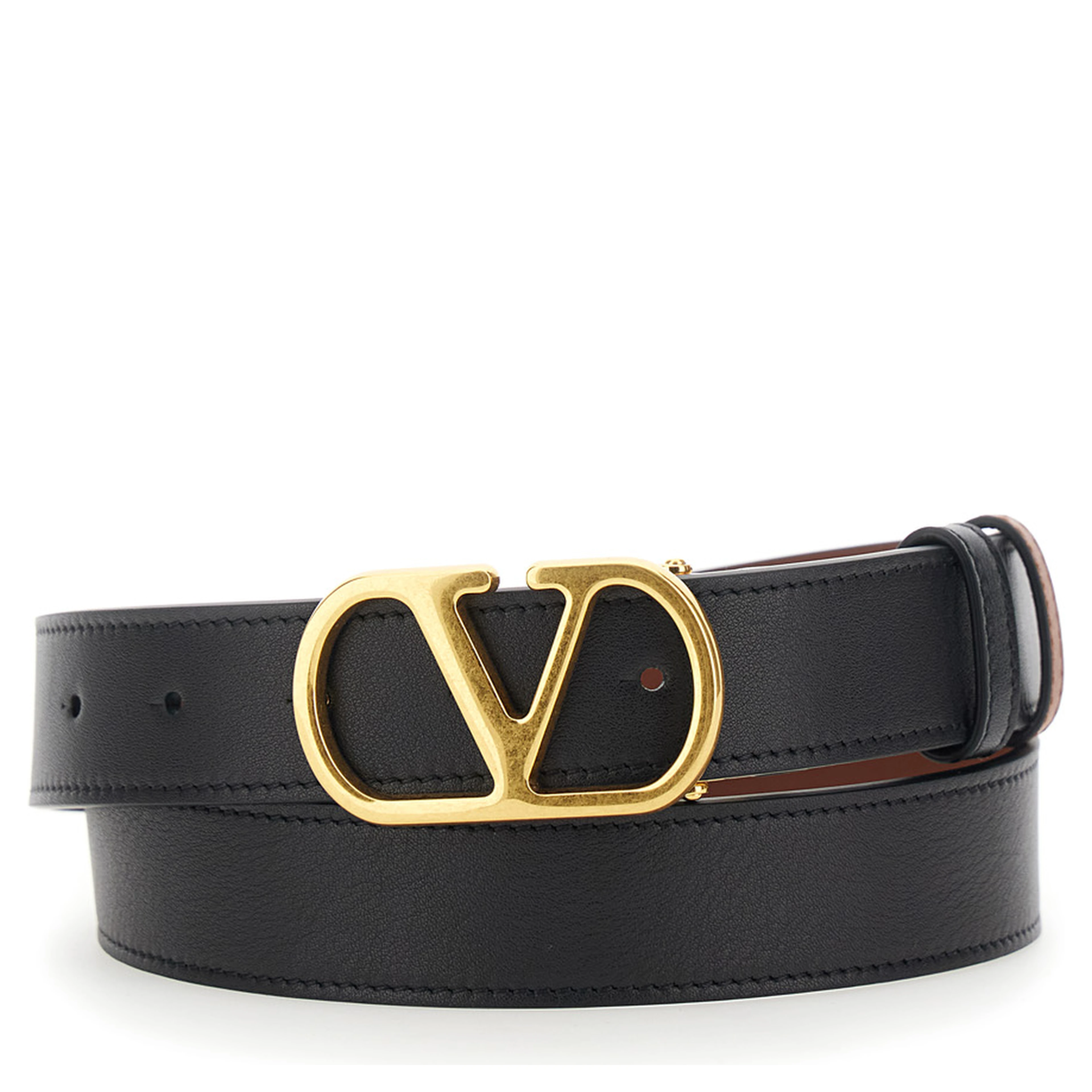 Reversible Belt with VLogo Buckle in Black Leather for Women