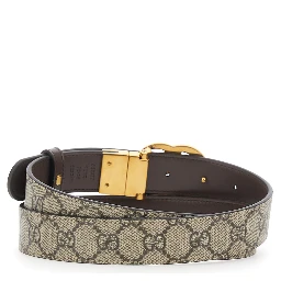 Reversible Belt with Double G Logo Buckle in GG Supreme Canvas Brown Woman