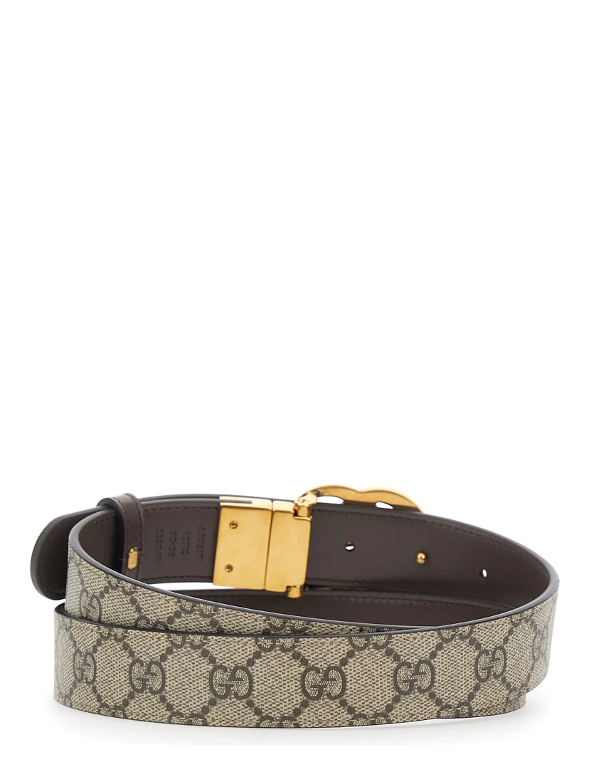 Reversible Belt with Double G Logo Buckle in GG Supreme Canvas Brown Woman
