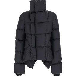 Black Down jacket with high collar and off-center zip closure and asymmetrical hem in Tech Fabric for women