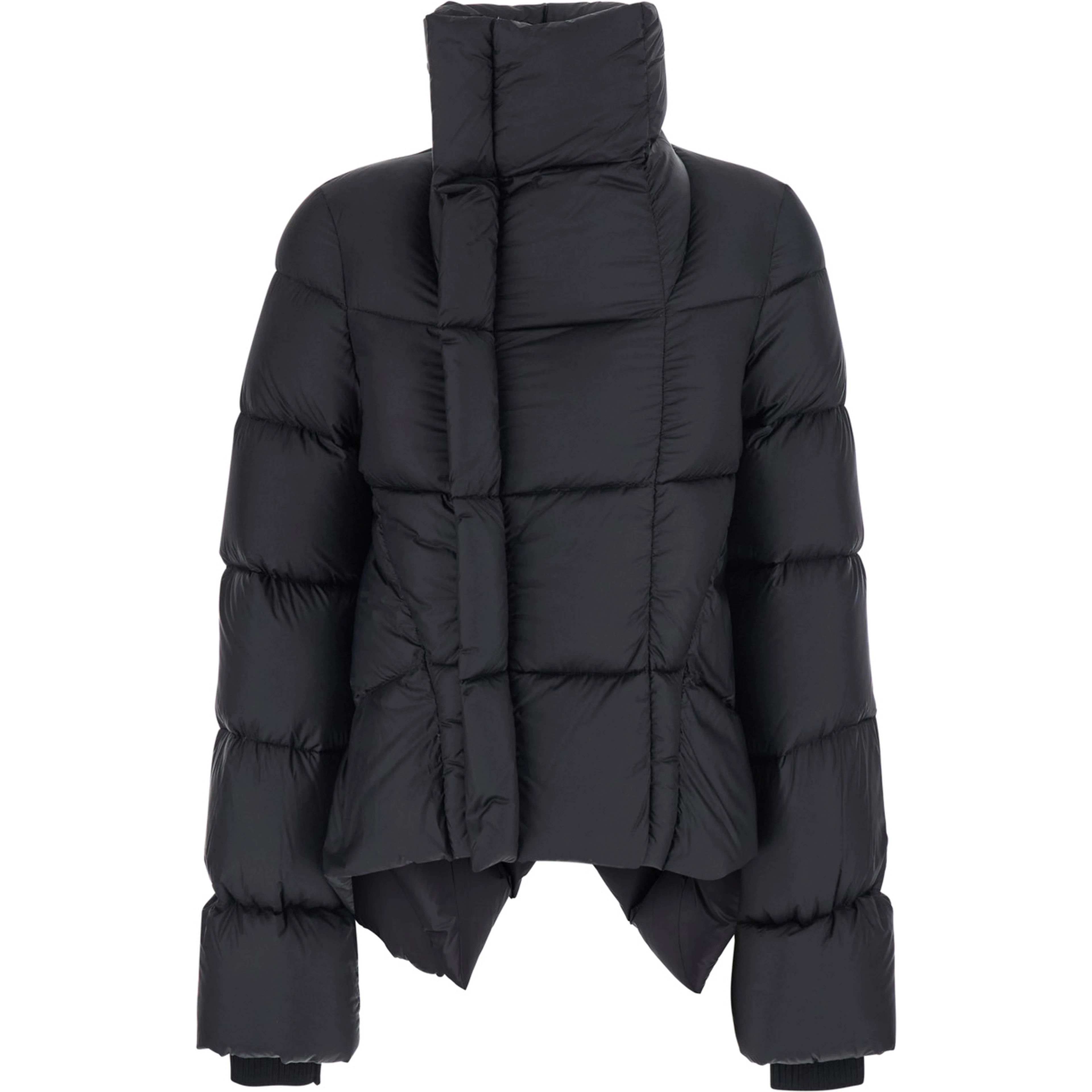 Black Down jacket with high collar and off-center zip closure and asymmetrical hem in Tech Fabric for women