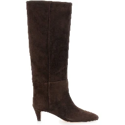 Brown knee-high boots with medium heel in suede for women
