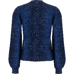 Blue Crew-neck sweater with knit workmanship and contrasting details in wool for women