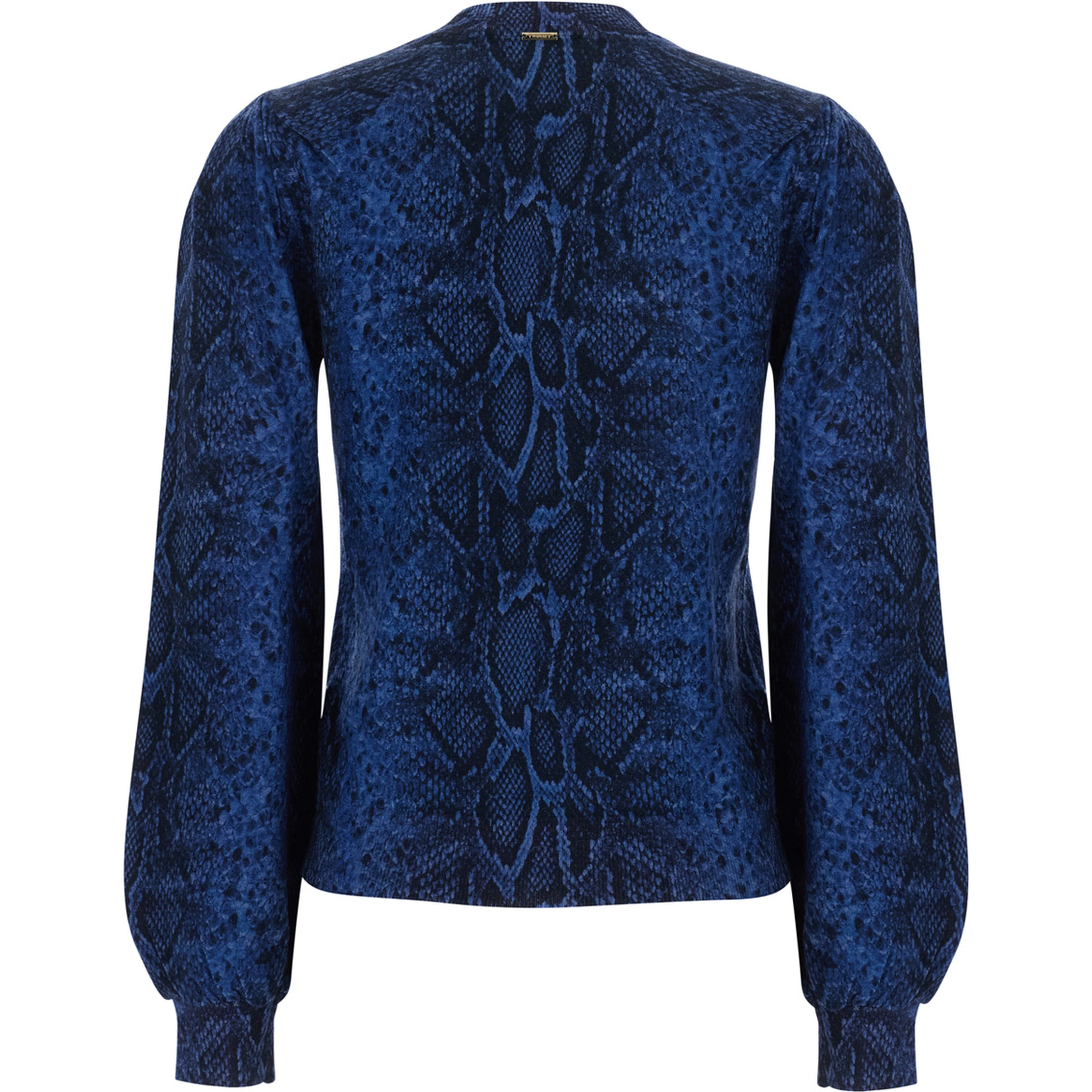 Blue Crew-neck sweater with knit workmanship and contrasting details in wool for women