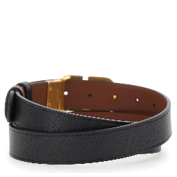 Reversible Belt with VLogo Buckle in Black Leather for Women