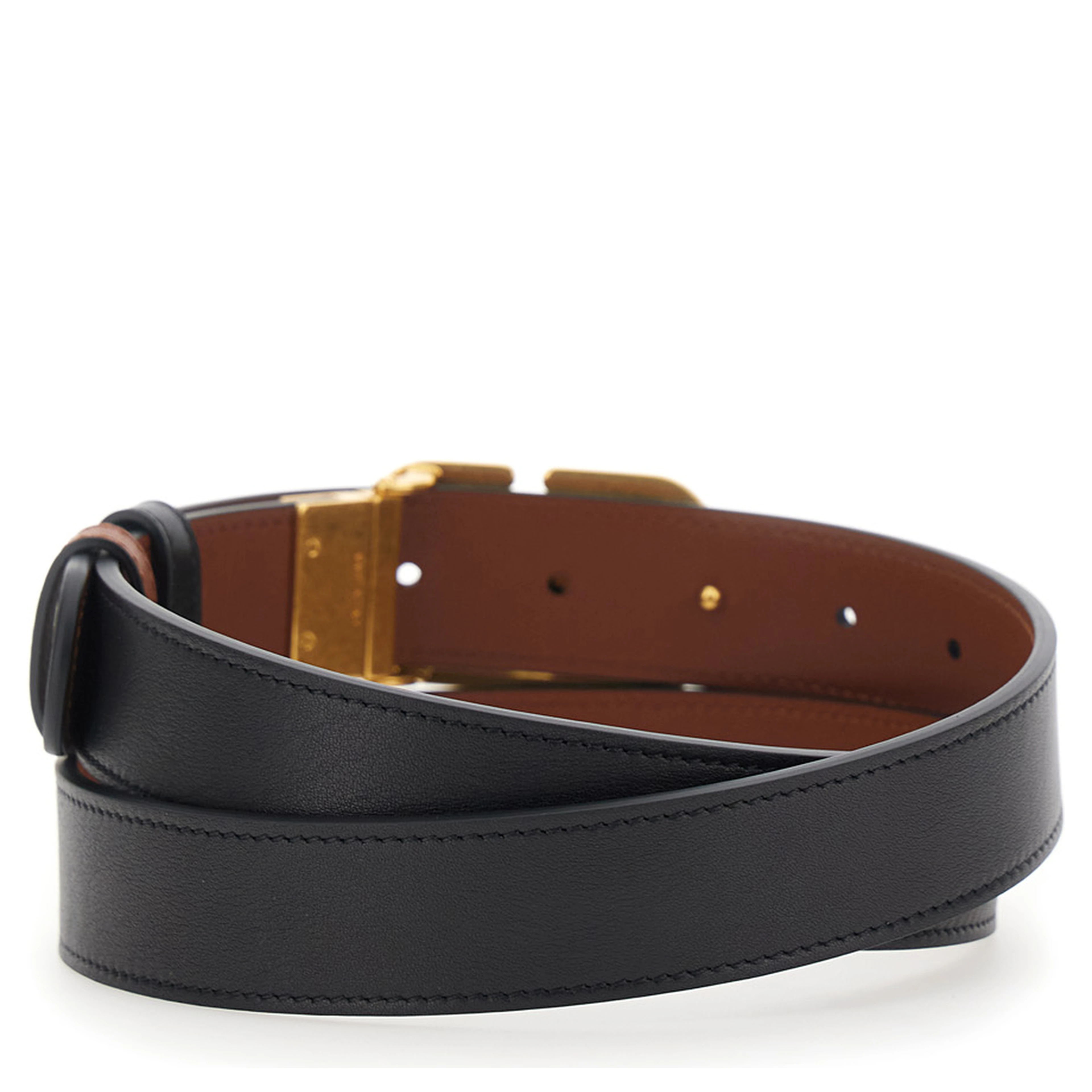 Reversible Belt with VLogo Buckle in Black Leather for Women
