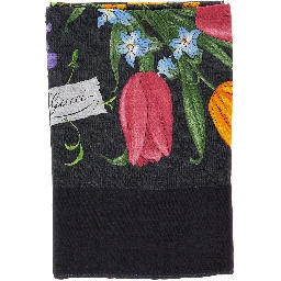 black Scarf with floral print and all-over GG in wool and silk for women