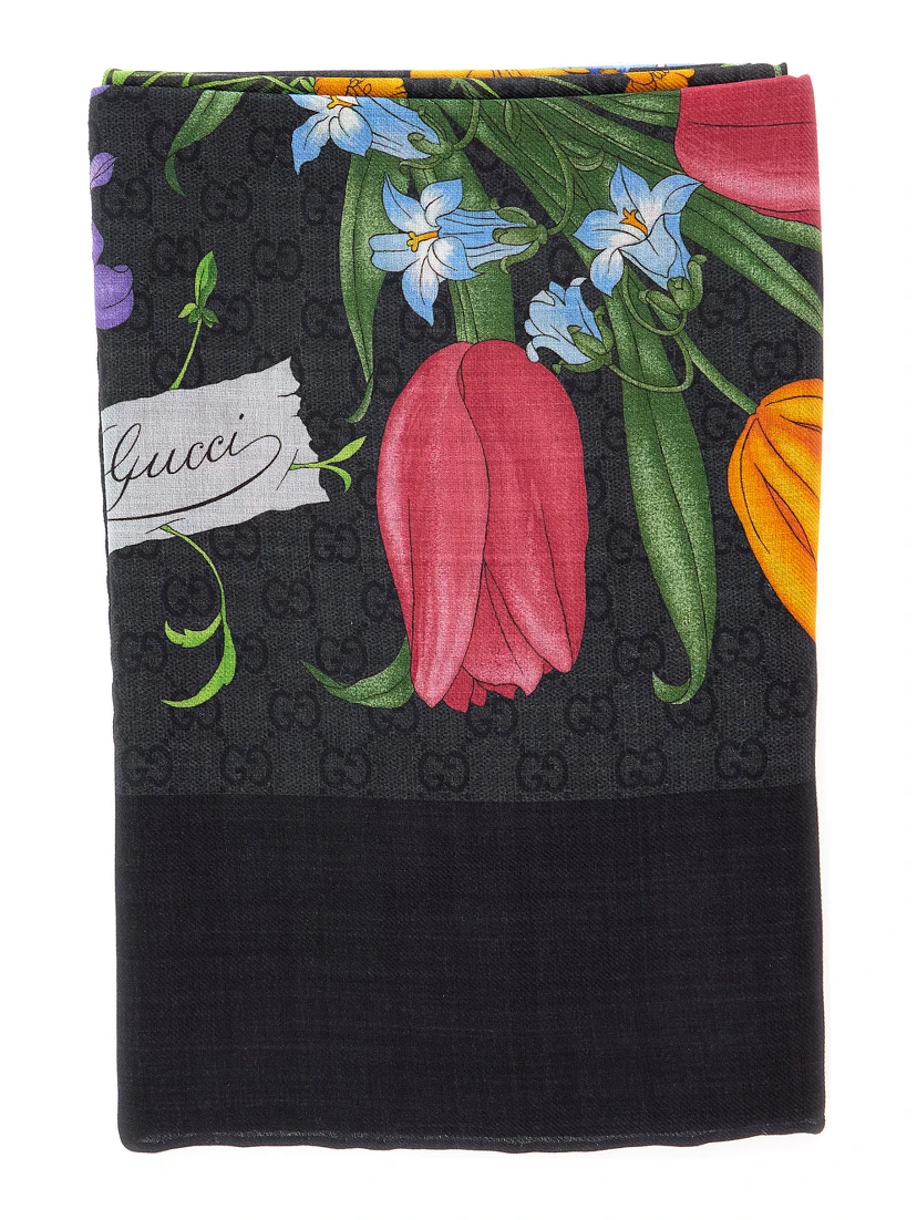 black Scarf with floral print and all-over GG in wool and silk for women