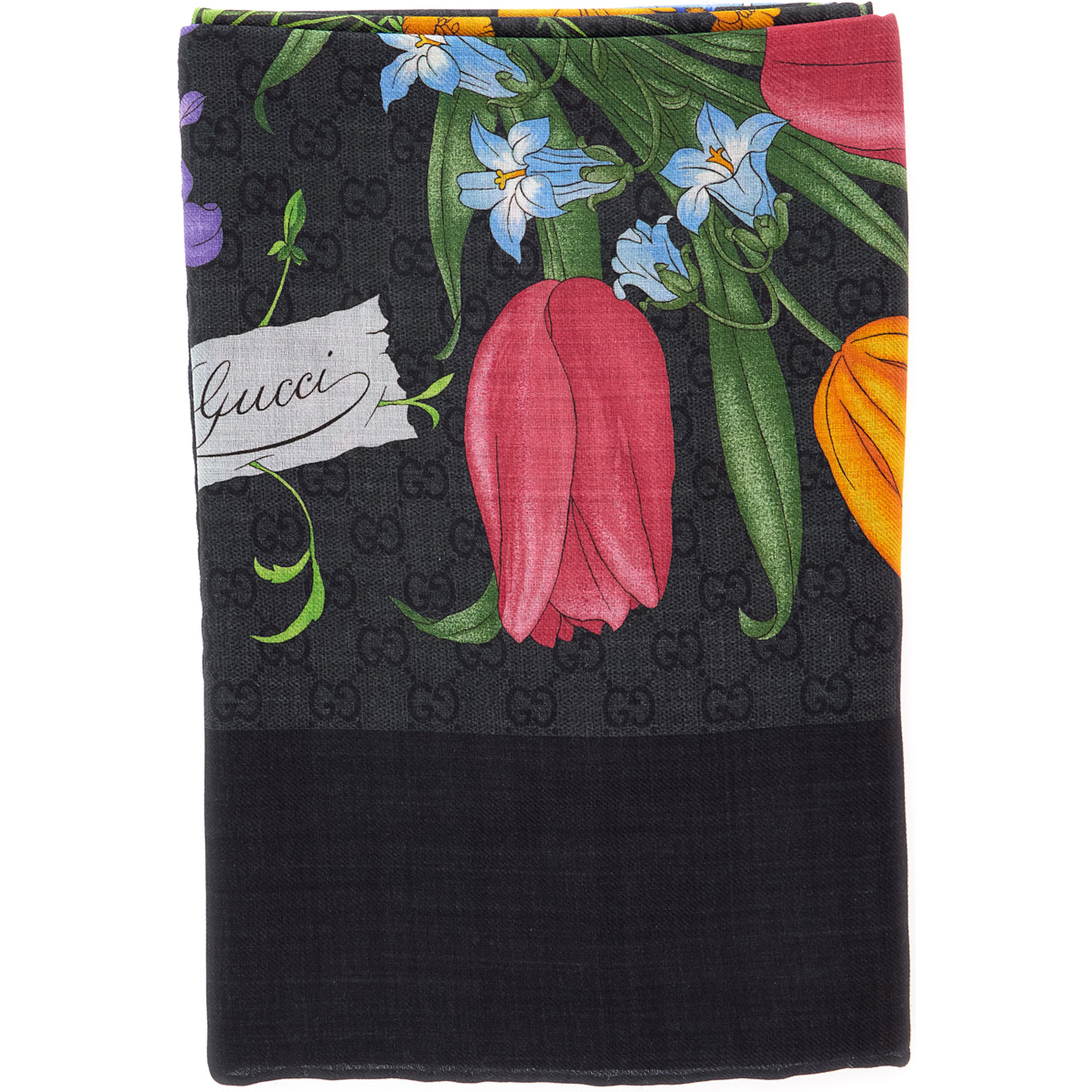 black Scarf with floral print and all-over GG in wool and silk for women