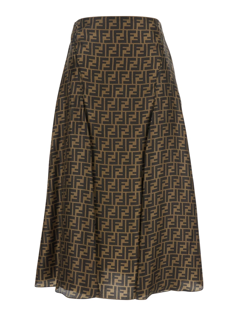 Brown Midi Flared Skirt with FF All-Over Motif in Silk for Women