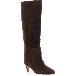 Brown knee-high boots with medium heel in suede for women