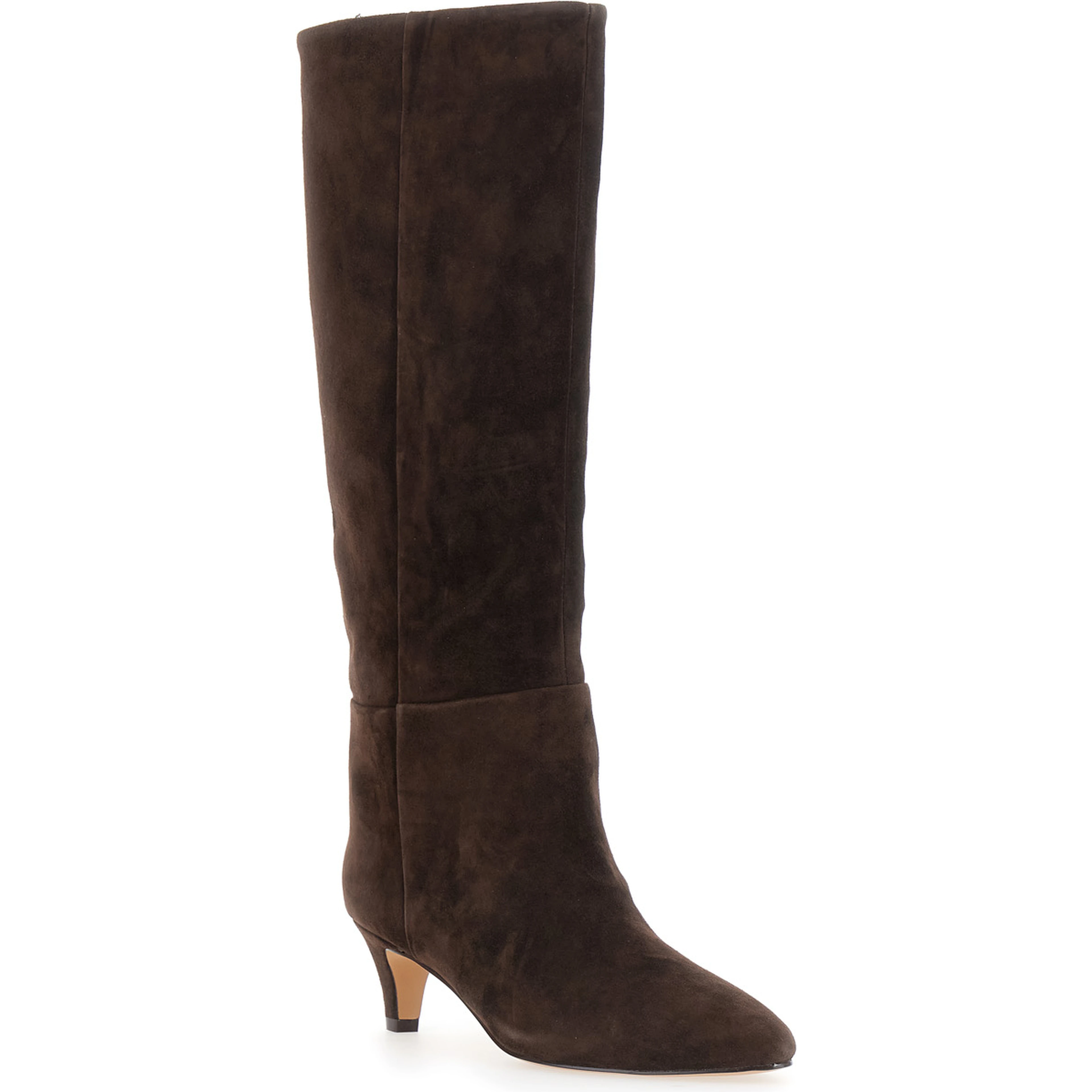 Brown knee-high boots with medium heel in suede for women