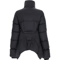 Black Down jacket with high collar and off-center zip closure and asymmetrical hem in Tech Fabric for women