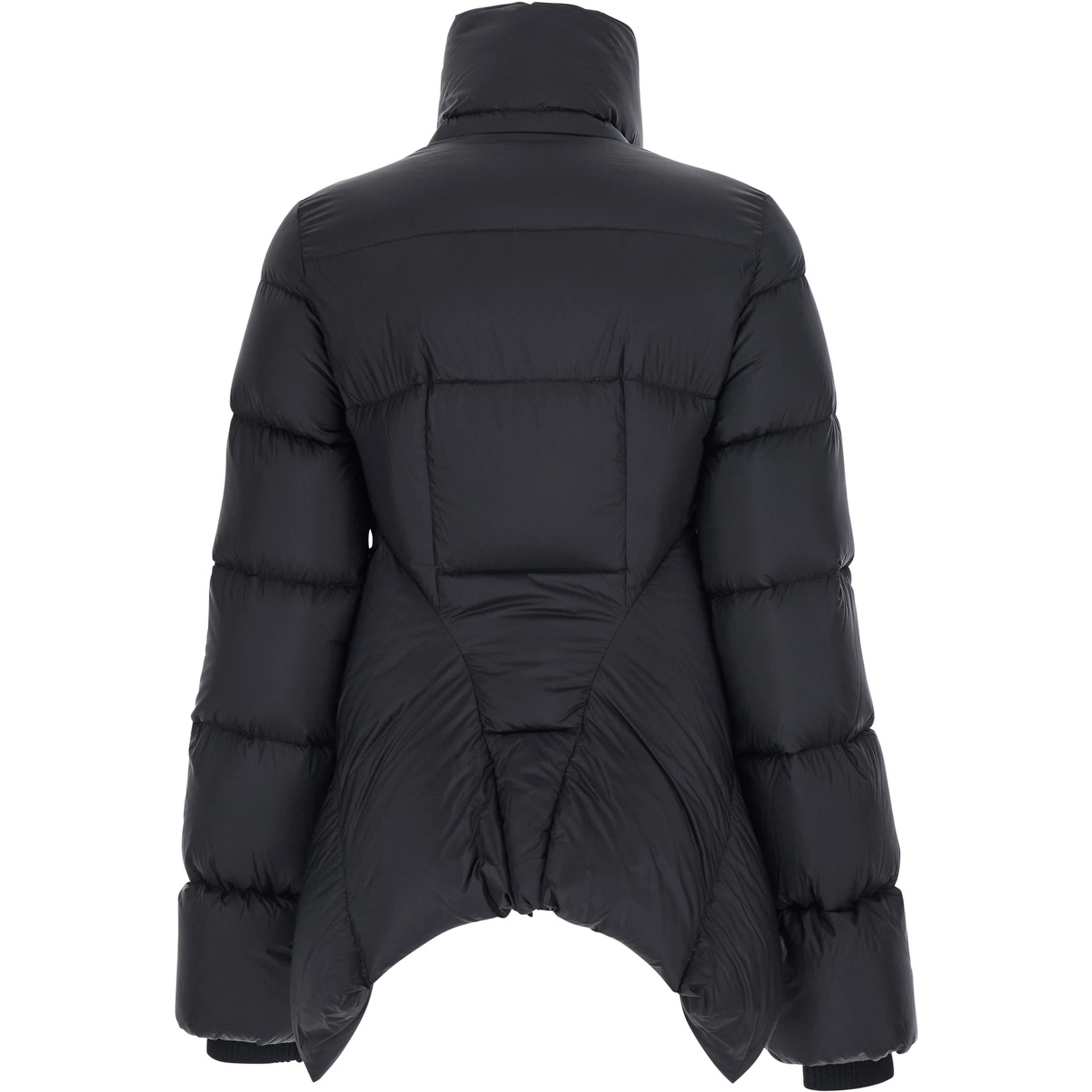 Black Down jacket with high collar and off-center zip closure and asymmetrical hem in Tech Fabric for women
